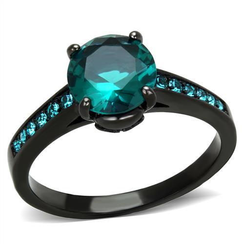 JCE2014 IP Black(Ion Plating) Stainless Steel Ring with Synthetic Synthetic Glass in Blue Zircon