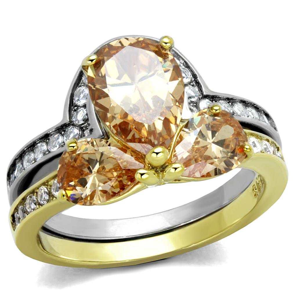 JCE2132 Two-Tone IP Gold (Ion Plating) Stainless Steel Ring with AAA Grade CZ  in Champagne