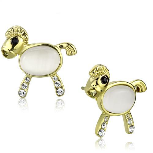 JCE2152 IP Gold(Ion Plating) Stainless Steel Earrings with Synthetic Cat Eye in White
