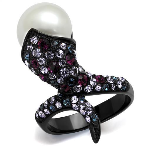 JCE2203 IP Black(Ion Plating) Stainless Steel Ring with Synthetic Pearl in White