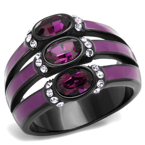 JCE2213 IP Black(Ion Plating) Stainless Steel Ring with Top Grade Crystal  in Amethyst