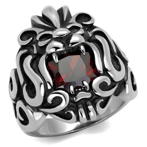 JCE2339 High polished (no plating) Stainless Steel Ring with AAA Grade CZ  in Garnet