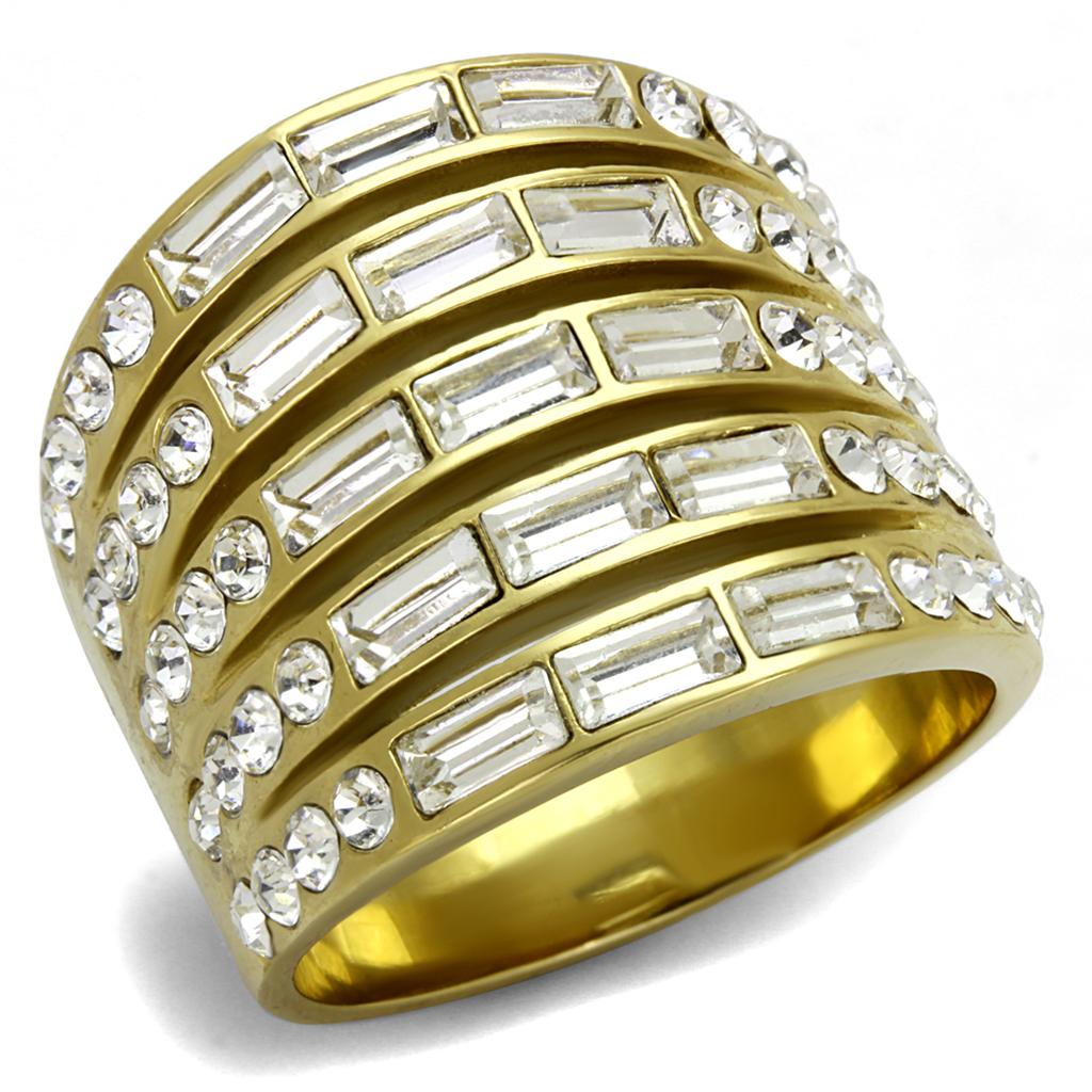 JCE2362 IP Gold(Ion Plating) Stainless Steel Ring with Top Grade Crystal  in Clear