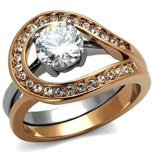 JCE2479 Two-Tone IP Rose Gold Stainless Steel Ring with AAA Grade CZ  in Clear
