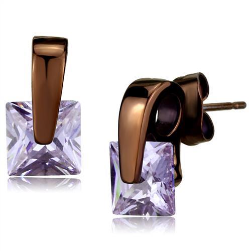 JCE2541 IP Dark Brown (IP coffee) Stainless Steel Earrings with AAA Grade CZ  in Light Amethyst