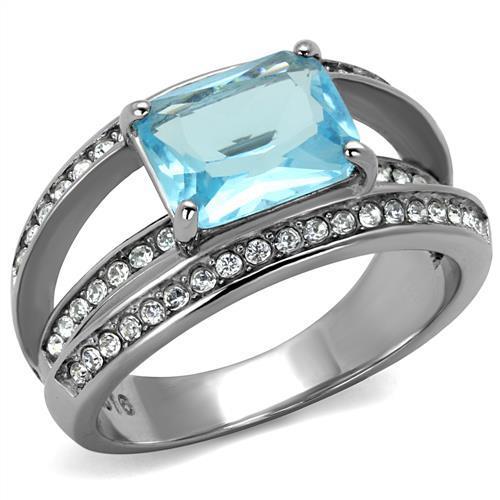 JCE2608 No Plating Stainless Steel Ring with Synthetic Synthetic Glass in Sea Blue
