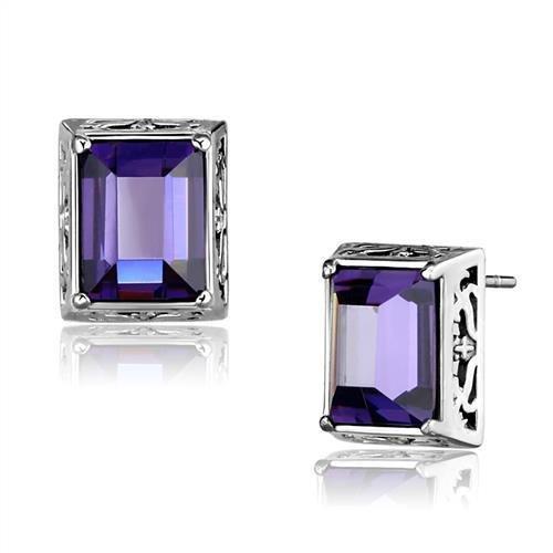 JCE2636 High polished (no plating) Stainless Steel Earrings with AAA Grade CZ  in Amethyst