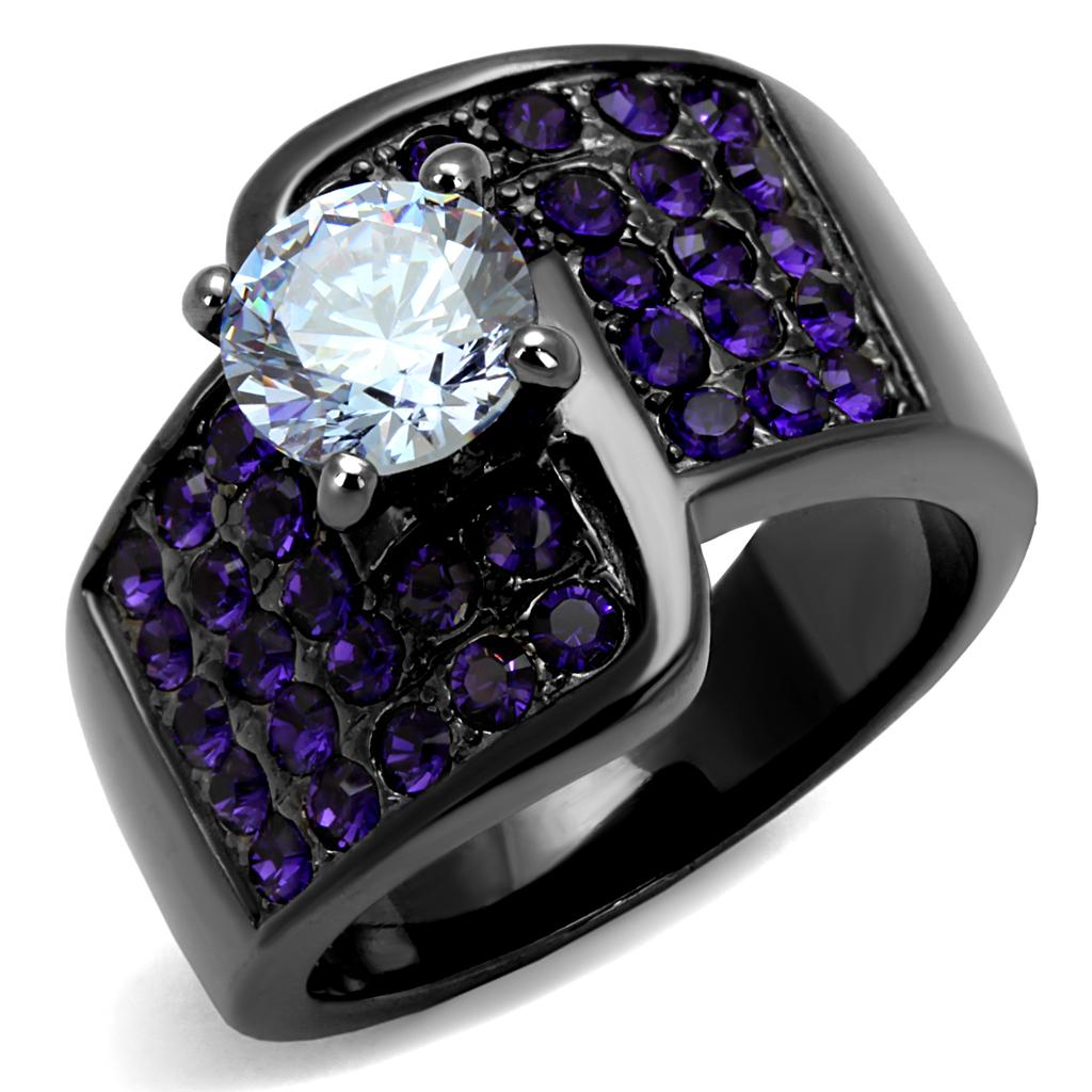 JCE2644 IP Light Black  (IP Gun) Stainless Steel Ring with AAA Grade CZ  in Light Amethyst