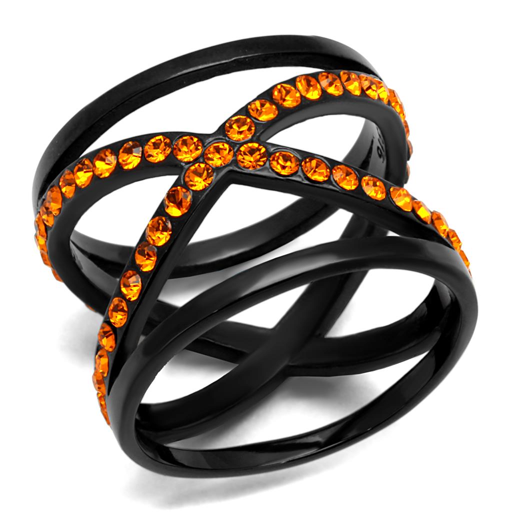 JCE2645 IP Black(Ion Plating) Stainless Steel Ring with Top Grade Crystal  in Orange