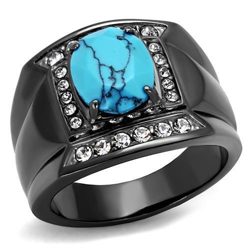 JCE2662 IP Light Black  (IP Gun) Stainless Steel Ring with Synthetic Turquoise in Sea Blue