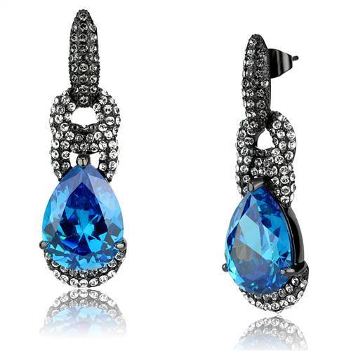 JCE2708 IP Light Black  (IP Gun) Stainless Steel Earrings with AAA Grade CZ  in Sea Blue
