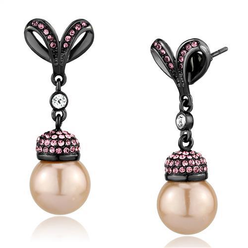 JCE2710 IP Light Black  (IP Gun) Stainless Steel Earrings with Synthetic Pearl in Rose
