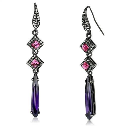 JCE2712 IP Light Black  (IP Gun) Stainless Steel Earrings with AAA Grade CZ  in Amethyst