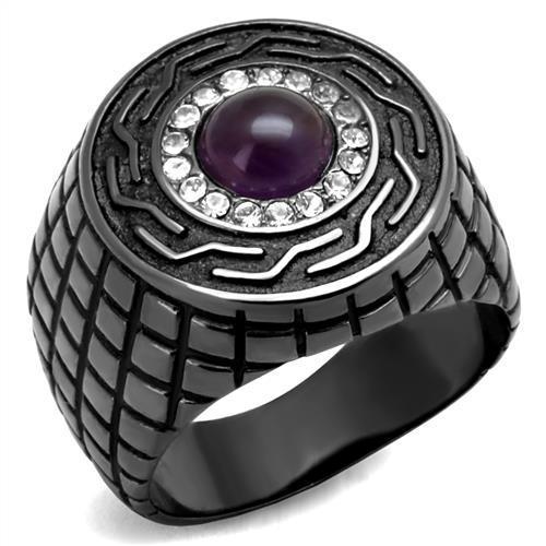 JCE2813 IP Light Black  (IP Gun) Stainless Steel Ring with Semi-Precious Amethyst Crystal in Amethyst