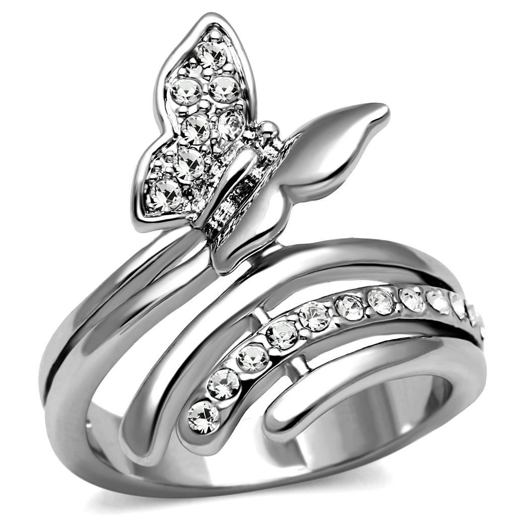 JCE2875 High polished (no plating) Stainless Steel Ring with AAA Grade CZ  in Clear