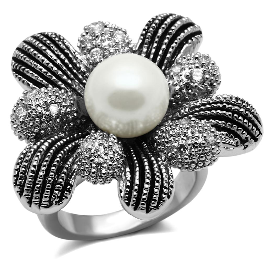 JCE2877 High polished (no plating) Stainless Steel Ring with Synthetic Pearl in White