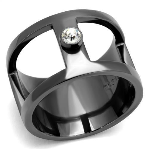 JCE2898 IP Light Black  (IP Gun) Stainless Steel Ring with Top Grade Crystal  in Clear