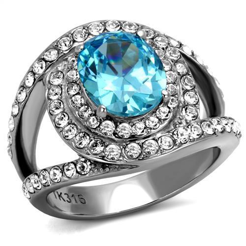 JCE2900 High polished (no plating) Stainless Steel Ring with Synthetic Synthetic Glass in Sea Blue