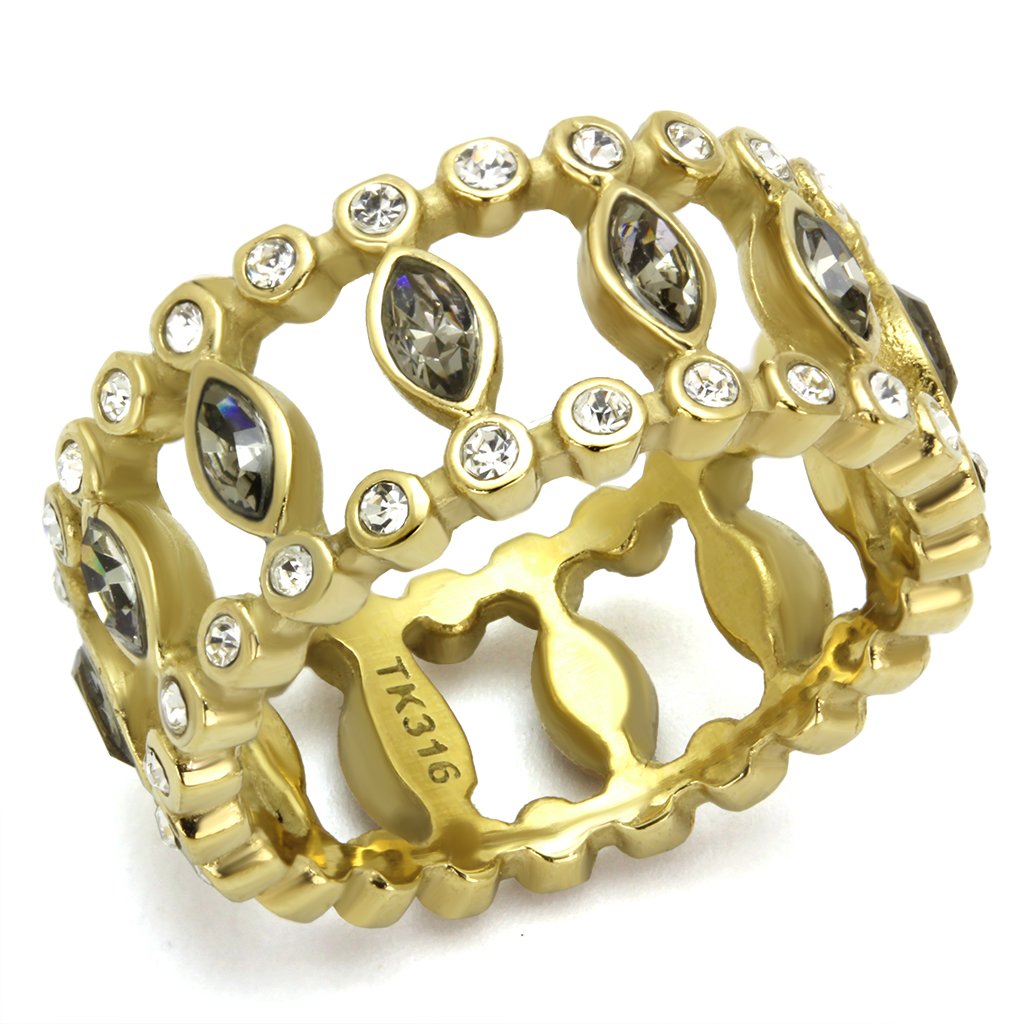JCE2907 IP Gold(Ion Plating) Stainless Steel Ring with Top Grade Crystal  in Black Diamond