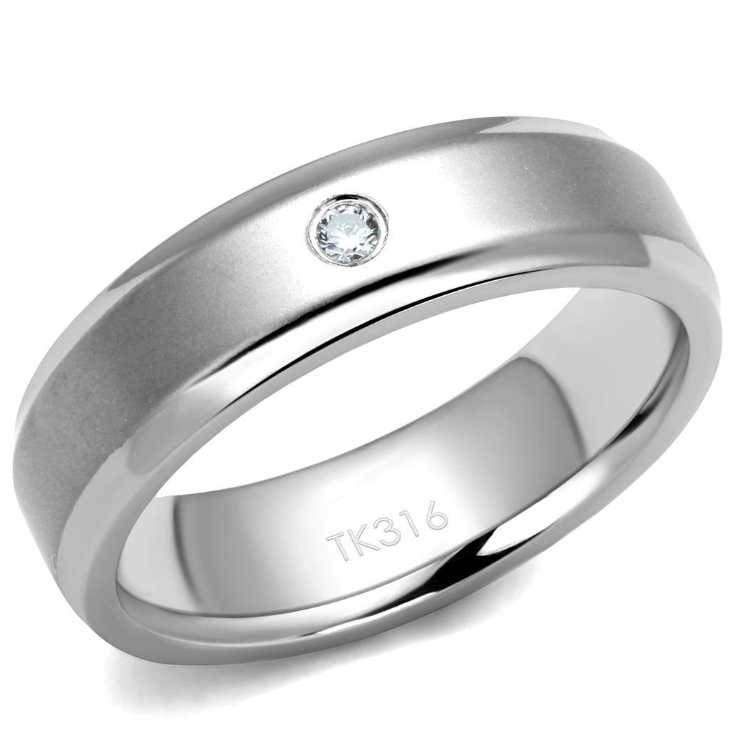 JCE2934 High polished (no plating) Stainless Steel Ring with AAA Grade CZ  in Clear