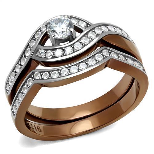 JCE2953 Two Tone IP Light Brown (IP Light coffee) Stainless Steel Ring with AAA Grade CZ  in Clear