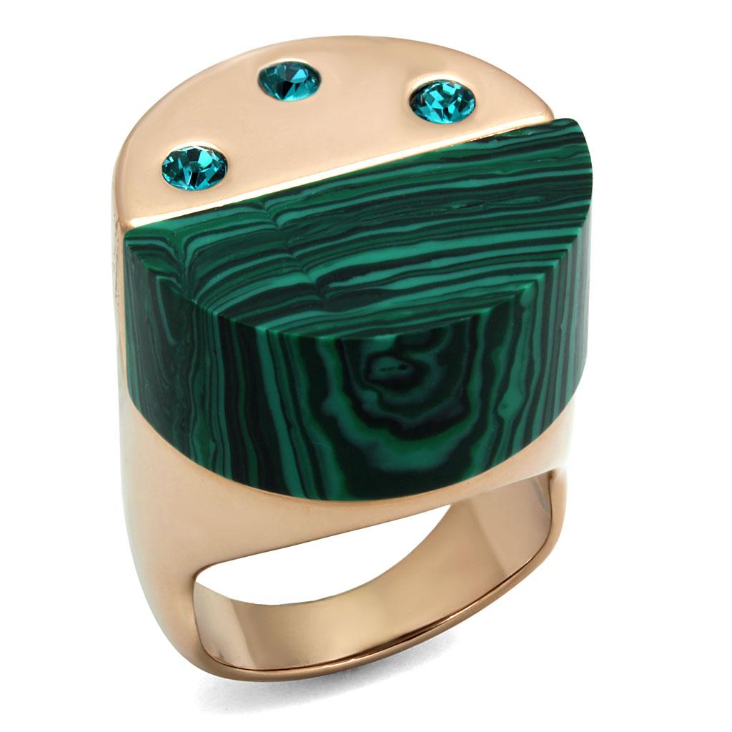 JCE2986 IP Rose Gold(Ion Plating) Stainless Steel Ring with Synthetic MALACHITE in Emerald