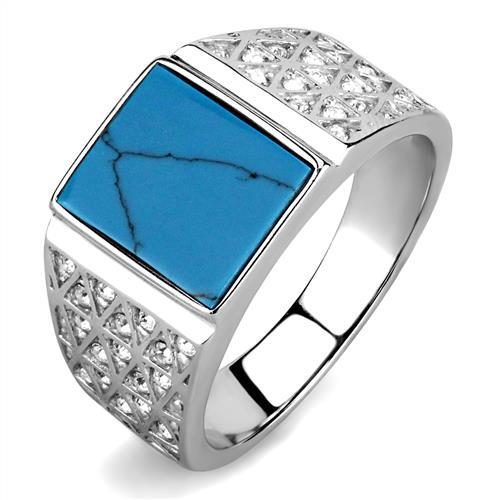 JCE3004 High polished (no plating) Stainless Steel Ring with Synthetic Turquoise in Sea Blue