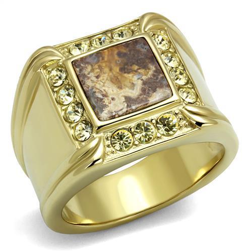 JCE3013 IP Gold(Ion Plating) Stainless Steel Ring with Semi-Precious Oligoclase in Smoked Quartz
