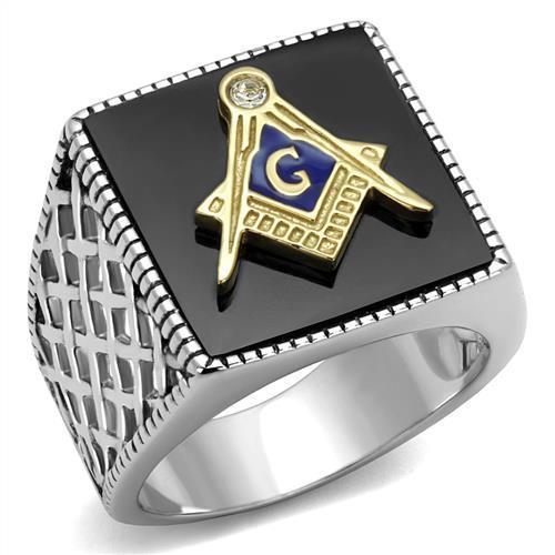 JCE3018 Two-Tone IP Gold (Ion Plating) Stainless Steel Ring with Semi-Precious Agate in Jet