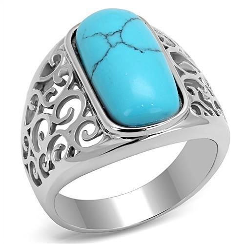 JCE3043 High polished (no plating) Stainless Steel Ring with Synthetic Turquoise in Sea Blue