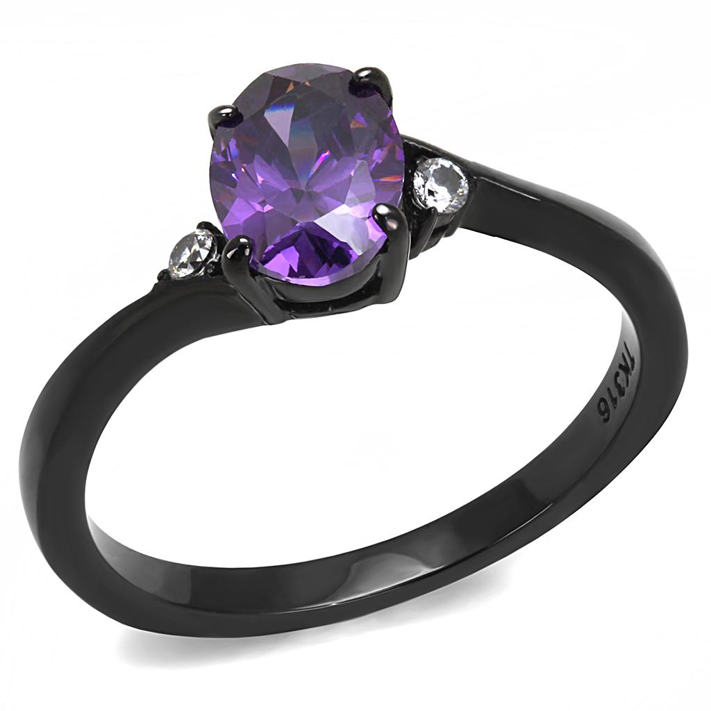 JCE3063 IP Black(Ion Plating) Stainless Steel Ring with AAA Grade CZ  in Amethyst