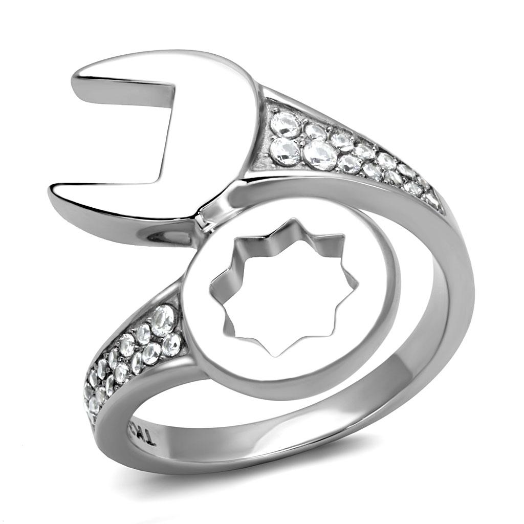 JCE3097 High polished (no plating) Stainless Steel Ring with AAA Grade CZ  in Clear