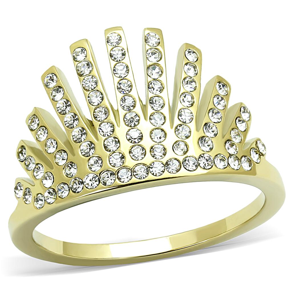 JCE3128 IP Gold(Ion Plating) Stainless Steel Ring with Top Grade Crystal in Clear