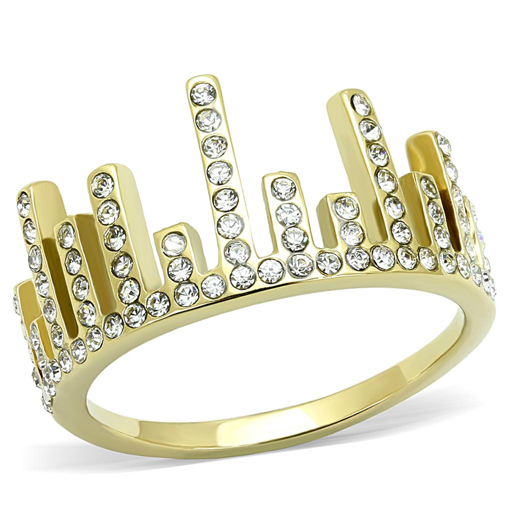 JCE3129 IP Gold(Ion Plating) Stainless Steel Ring with Top Grade Crystal in Clear
