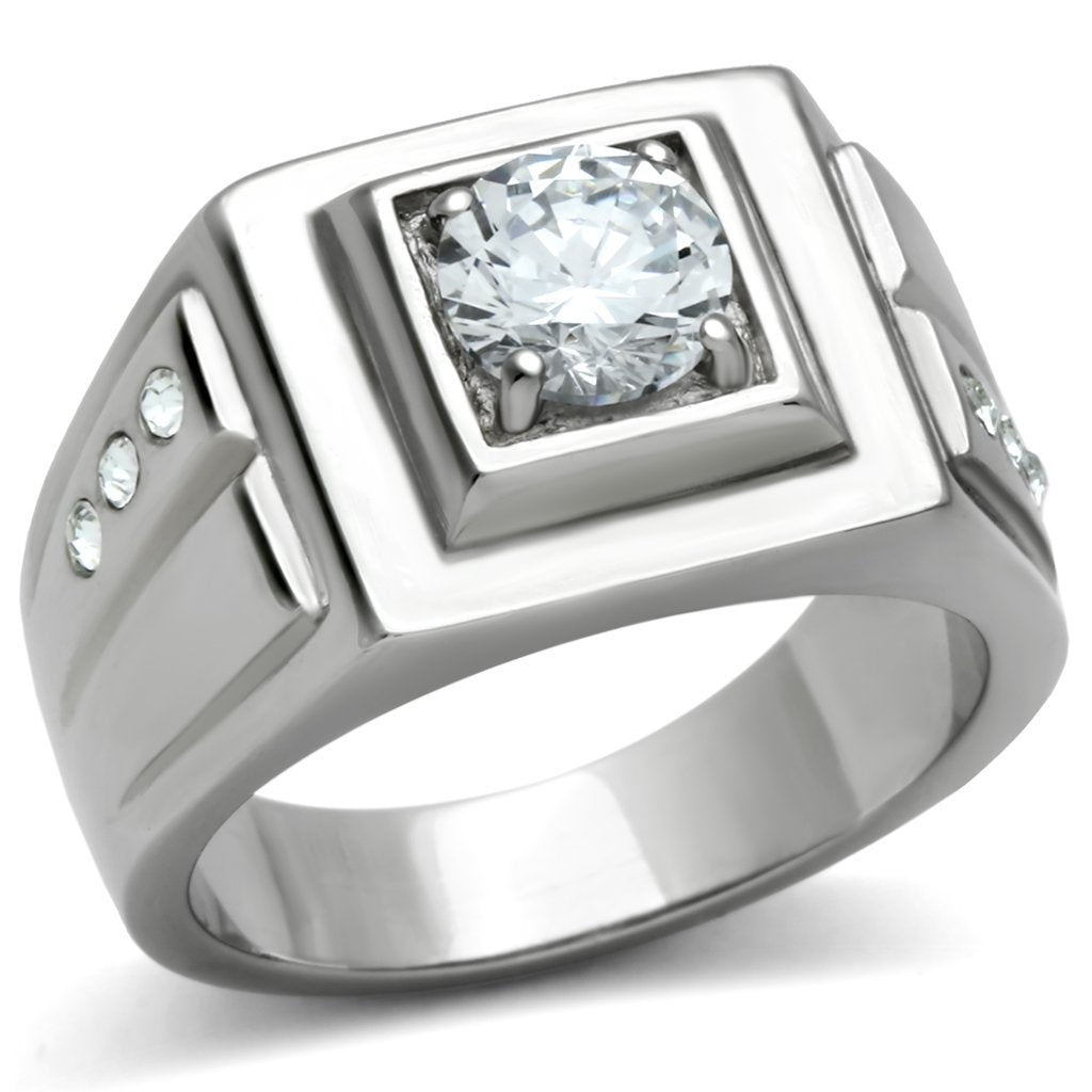 JCE313 High polished (no plating) Stainless Steel Ring with AAA Grade CZ  in Clear