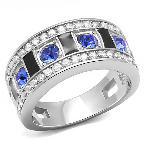 JCE3141 High polished (no plating) Stainless Steel Ring with Top Grade Crystal in Sapphire