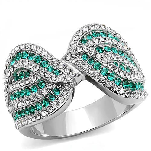 JCE3142 High polished (no plating) Stainless Steel Ring with Top Grade Crystal in Emerald