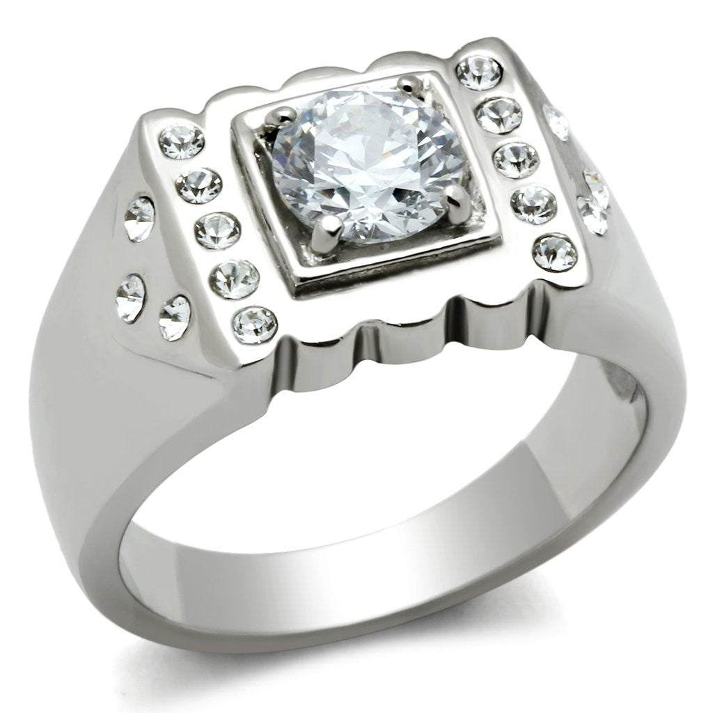JCE315 High polished (no plating) Stainless Steel Ring with AAA Grade CZ  in Clear