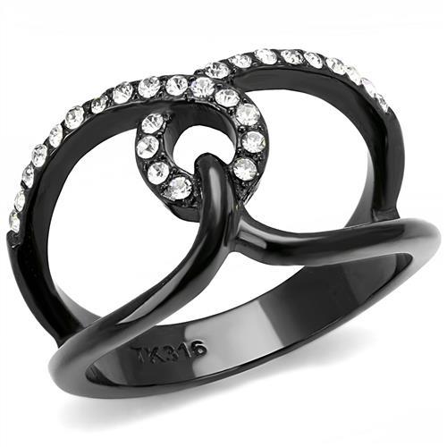 JCE3166 IP Black(Ion Plating) Stainless Steel Ring with Top Grade Crystal in Clear
