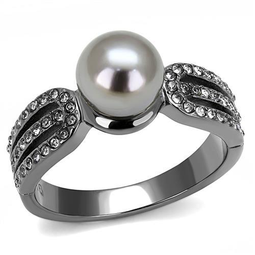JCE3170 IP Light Black (IP Gun) Stainless Steel Ring with Synthetic Pearl in Gray