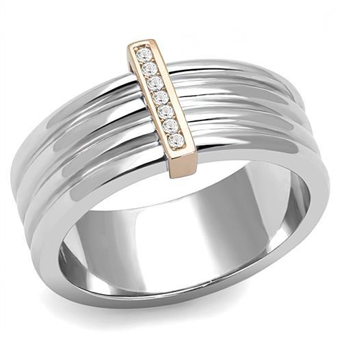 JCE3176 Two-Tone IP Rose Gold Stainless Steel Ring with Top Grade Crystal in Clear