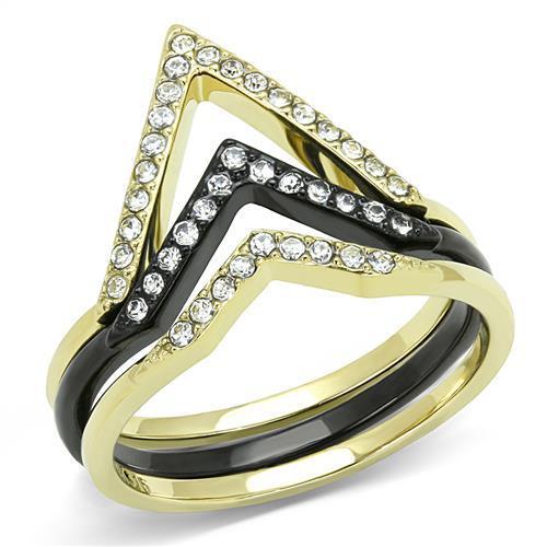 JCE3202 IP Gold+ IP Black (Ion Plating) Stainless Steel Ring with Top Grade Crystal  in Clear
