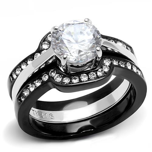 JCE3214 Two-Tone IP Black (Ion Plating) Stainless Steel Ring with AAA Grade CZ in Clear