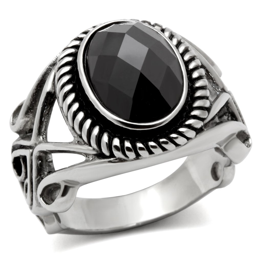JCE322 High polished (no plating) Stainless Steel Ring with AAA Grade CZ  in Black Diamond