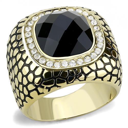 JCE3221 IP Gold(Ion Plating) Stainless Steel Ring with Synthetic Synthetic Glass in Jet