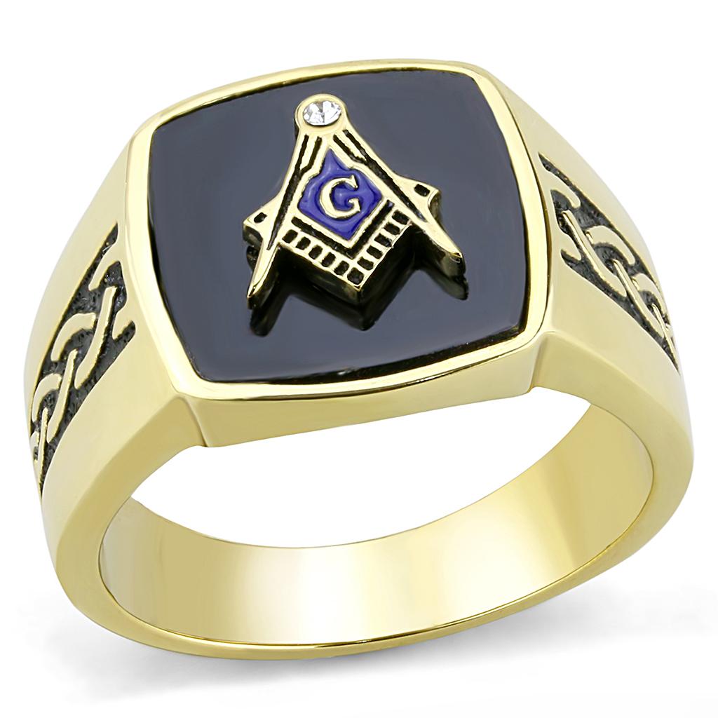 JCE3223 IP Gold(Ion Plating) Stainless Steel Ring with Synthetic Onyx in Jet