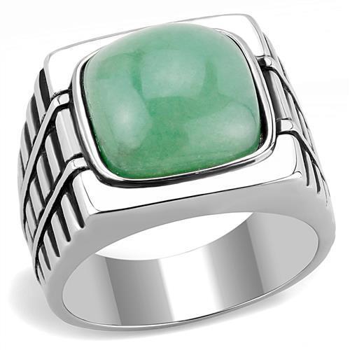 JCE3229 High polished (no plating) Stainless Steel Ring with Synthetic Jade in Emerald