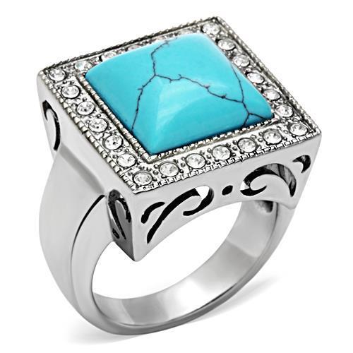 JCE323 High polished (no plating) Stainless Steel Ring with Synthetic Turquoise in Sea Blue