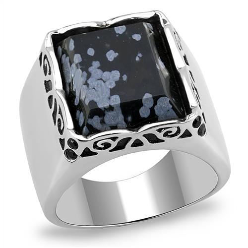 JCE3230 High polished (no plating) Stainless Steel Ring with Semi-Precious Snowflake Obsidian in Jet