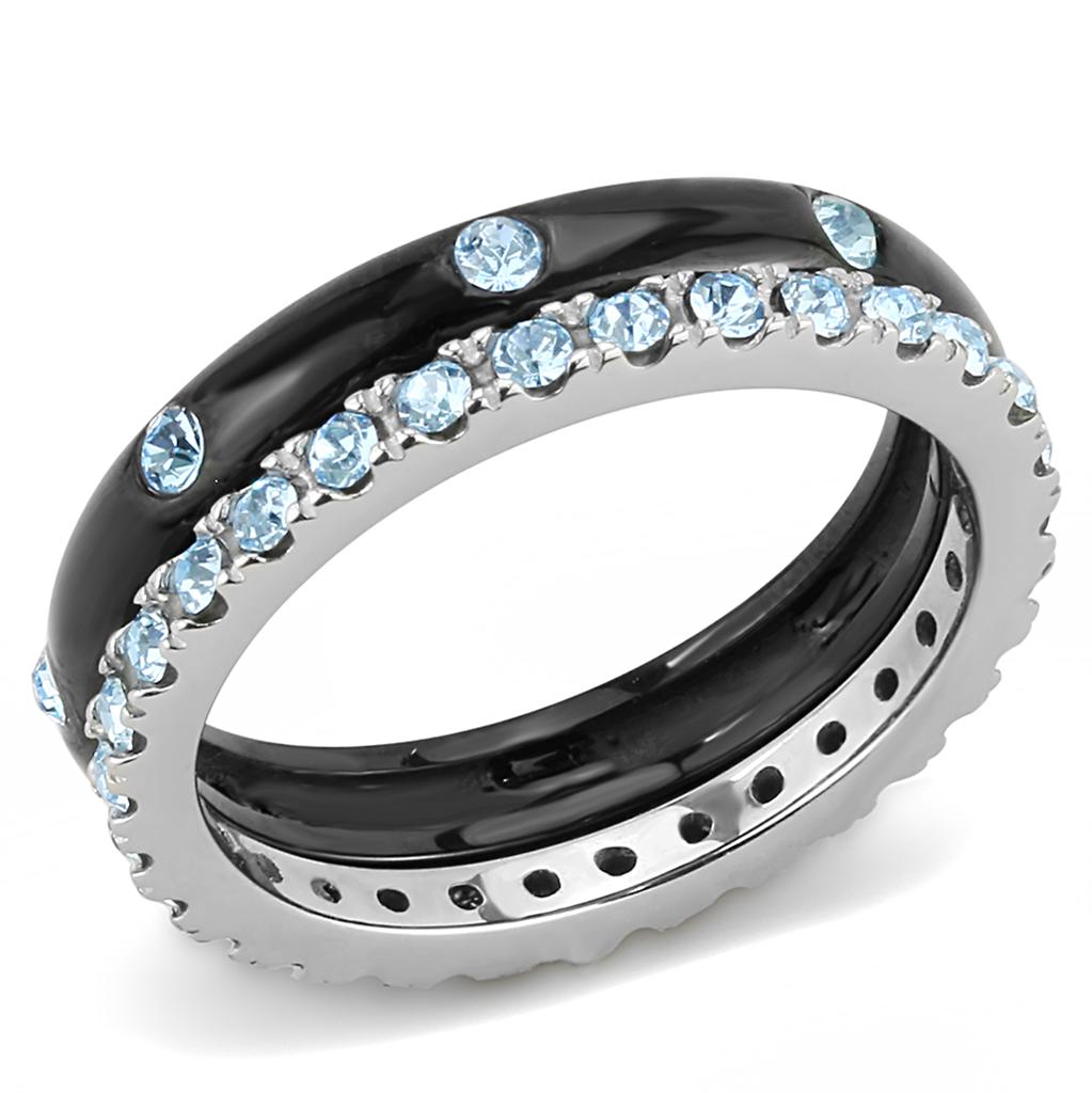 JCE3233 Two-Tone IP Black (Ion Plating) Stainless Steel Ring with Top Grade Crystal in Sea Blue